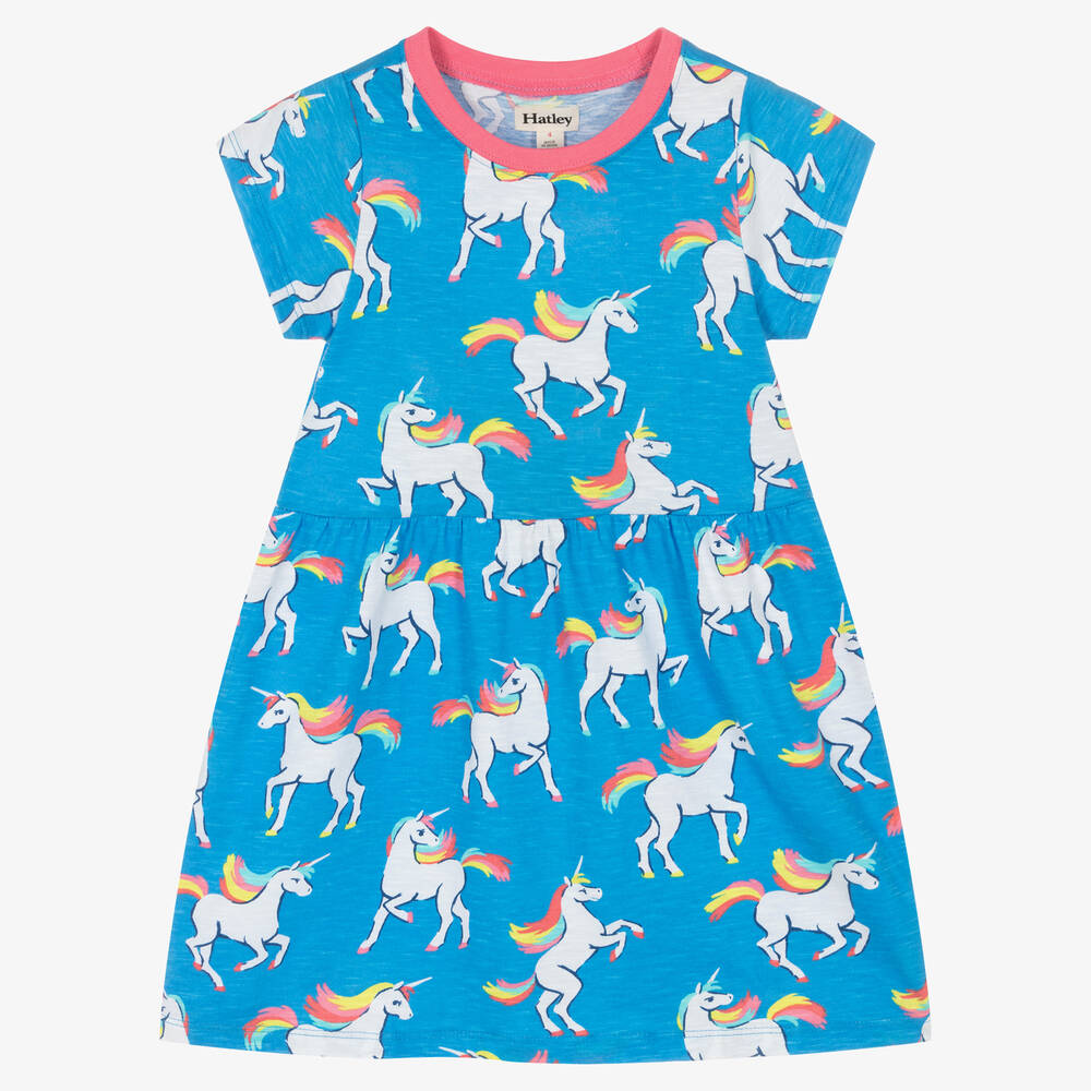 Hatley - Blaues Kleid mit Einhorn-Print (M)  | Childrensalon