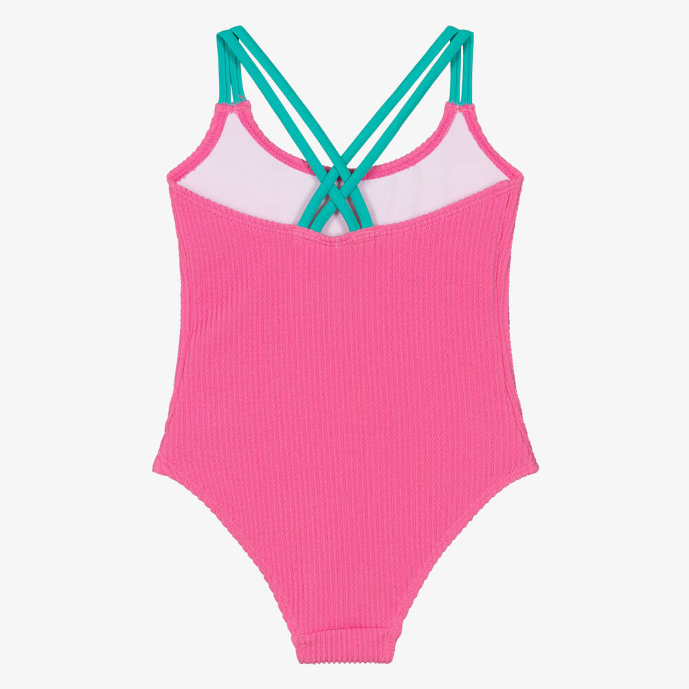 Hatley-Girls Bright Pink Crinkle Swimsuit with Green Straps (UPF50+) | Childrensalon Outlet