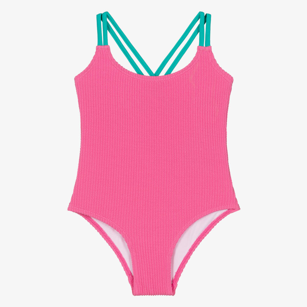 Hatley-Girls Bright Pink Crinkle Swimsuit with Green Straps (UPF50+) | Childrensalon Outlet
