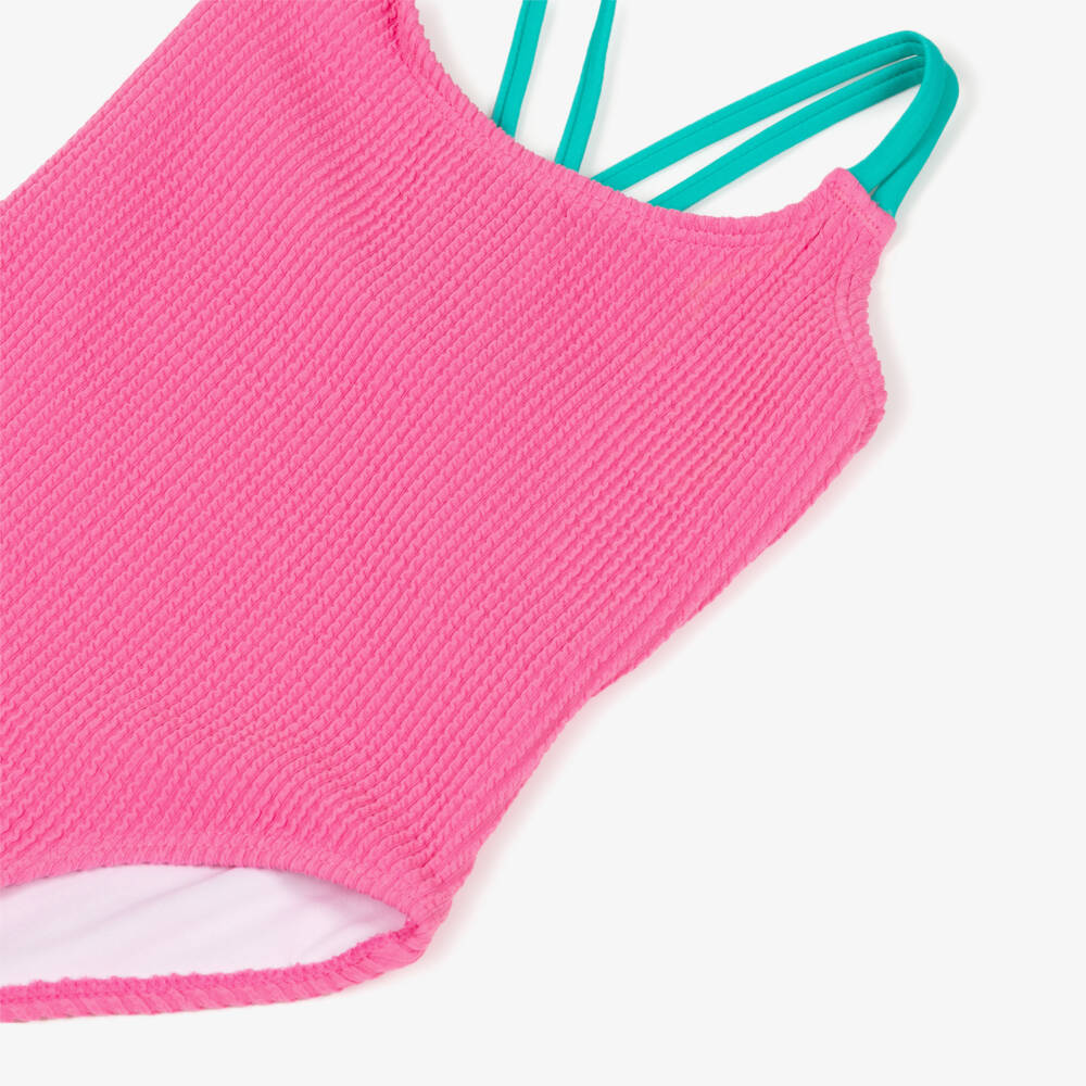 Hatley-Girls Bright Pink Crinkle Swimsuit with Green Straps (UPF50+) | Childrensalon Outlet