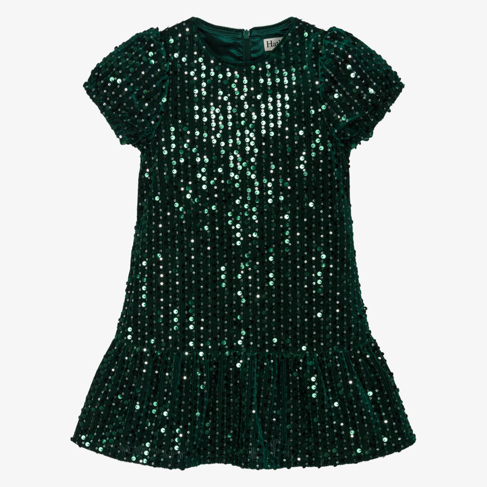 Hatley-Girls Green Sequinned Velour Dress | Childrensalon Outlet