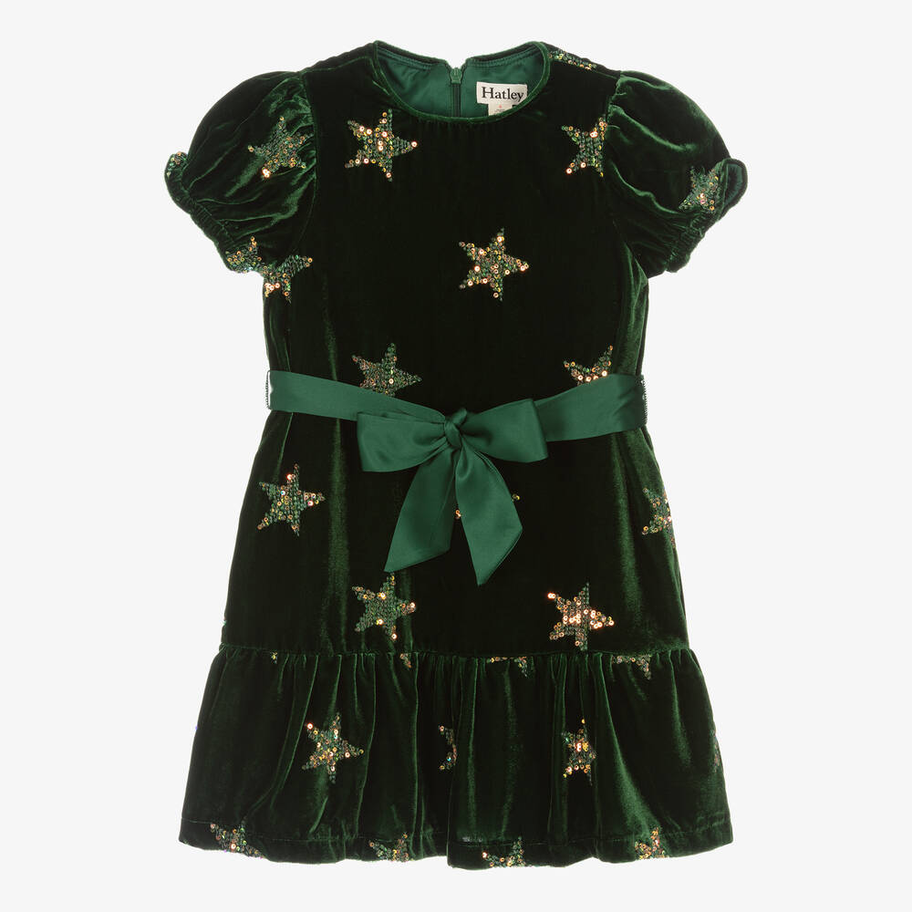 Hatley - Зеленое бархатное платье со звездами из пайеток | Childrensalon