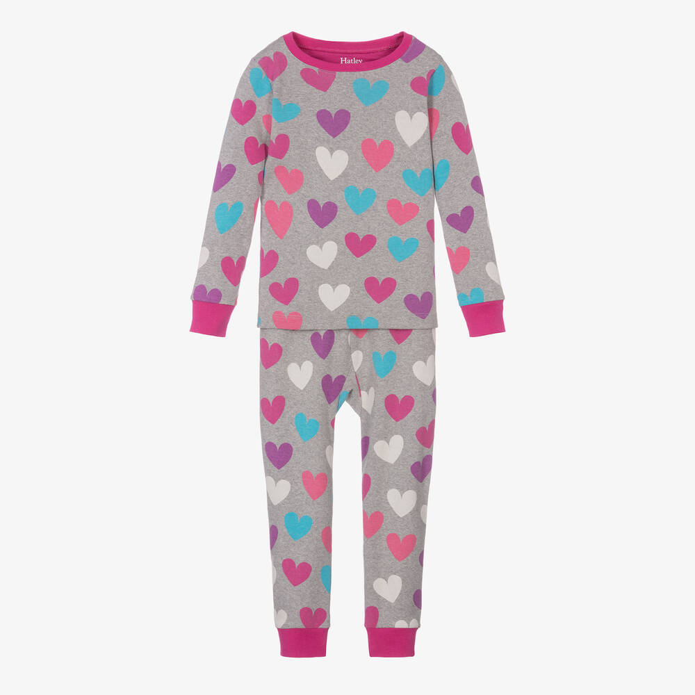 Hatley - Girls Grey Fun Hearts Cotton Pyjamas | Childrensalon