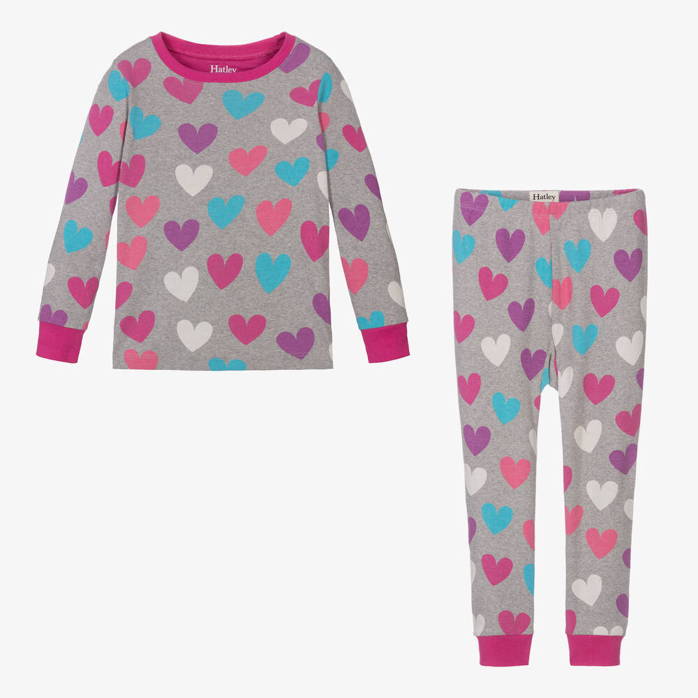 Hatley-Girls Grey Fun Hearts Cotton Pyjamas | Childrensalon Outlet
