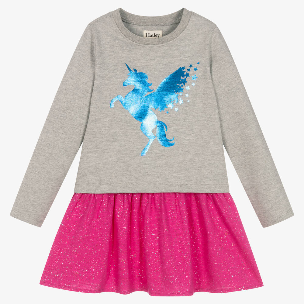 Hatley - Einhorn-Baumwollkleid in Grau/Pink  | Childrensalon
