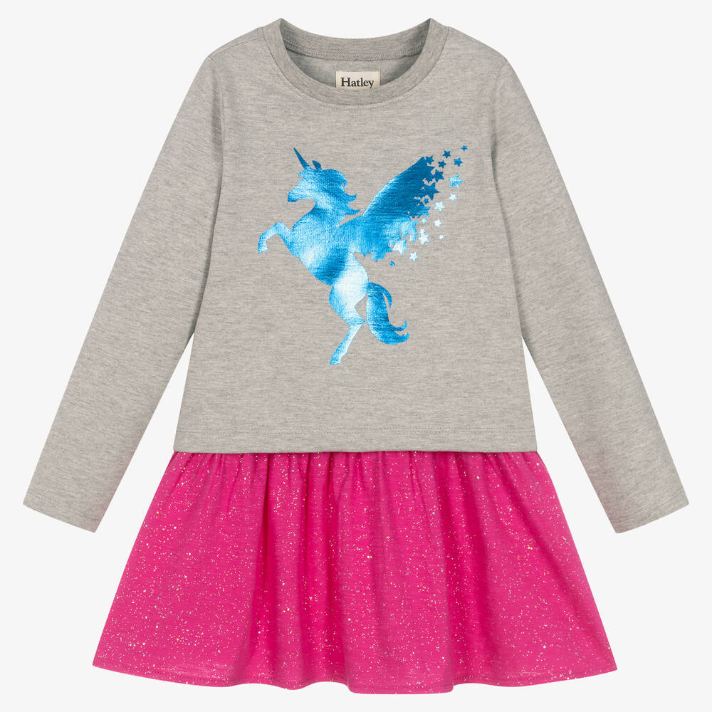 Hatley - Robe en coton gris et rose licorne  | Childrensalon