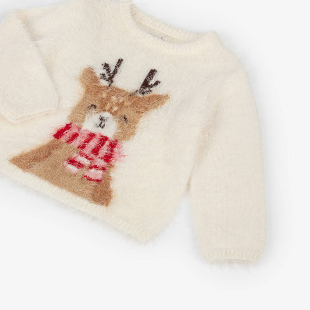 Hatley-Girls Ivory Fluffy Knit Reindeer Jumper | Childrensalon Outlet