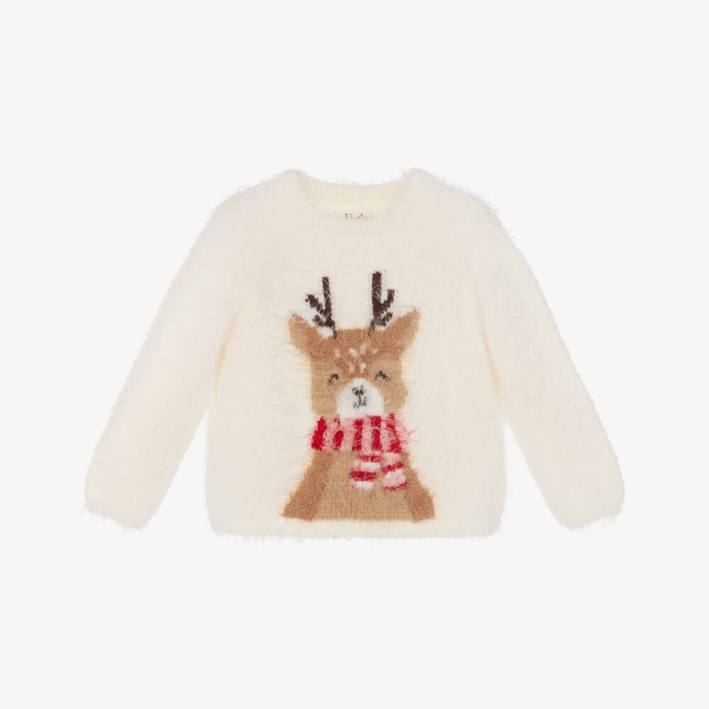 Hatley-Girls Ivory Fluffy Knit Reindeer Jumper | Childrensalon Outlet