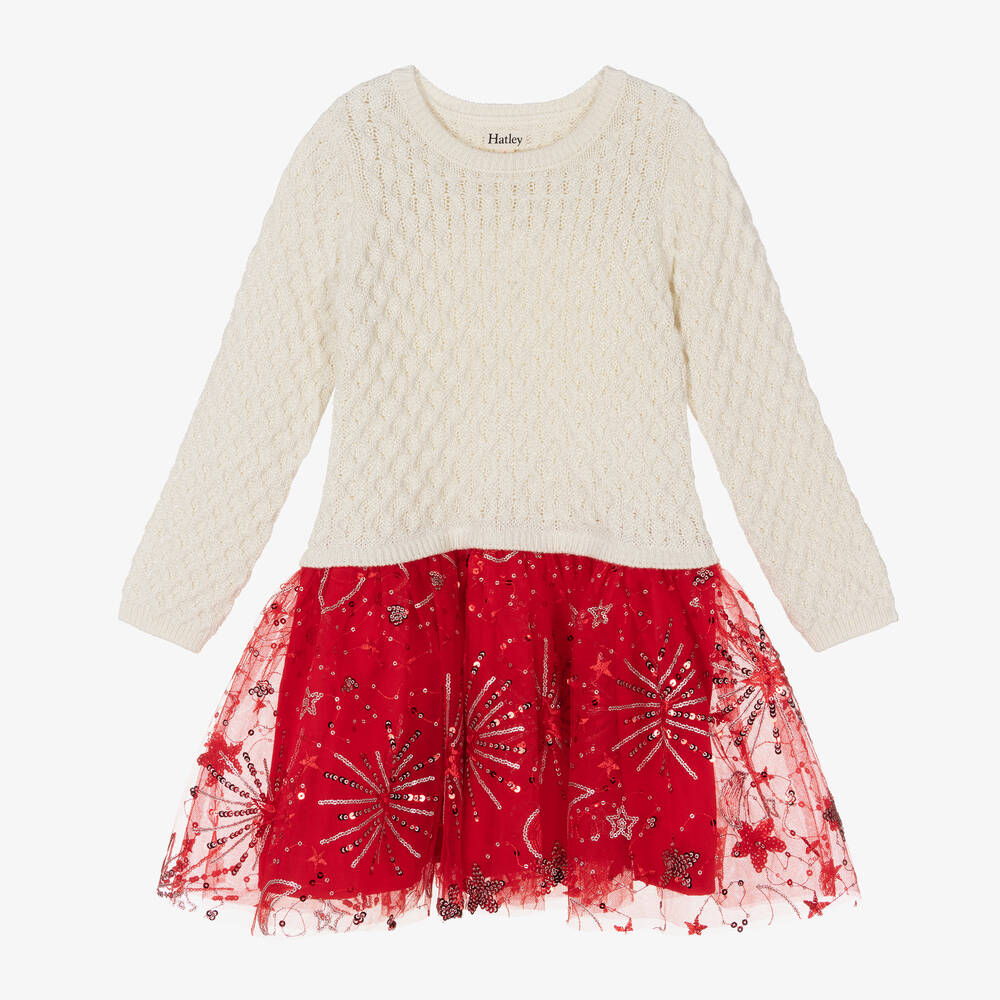 Hatley - Кремовое трикотажное платье с красной юбкой из тюля | Childrensalon
