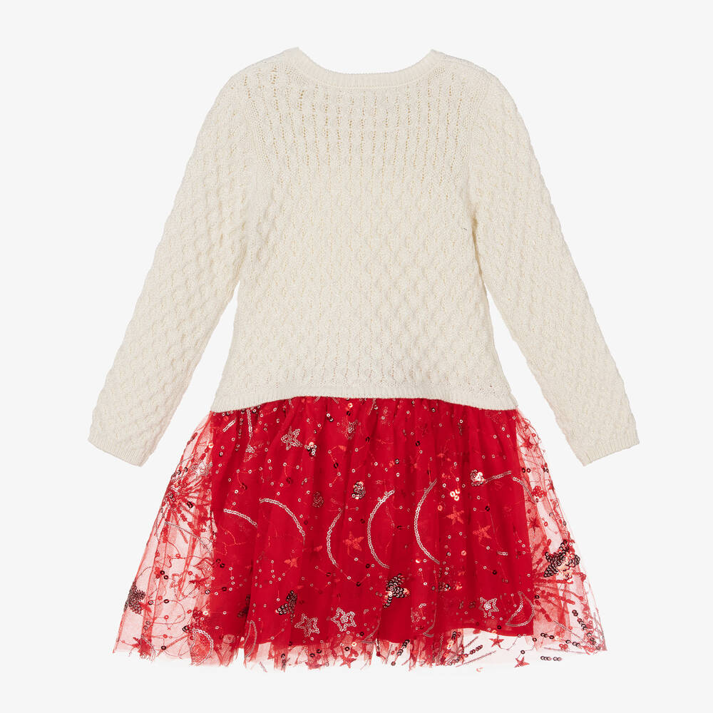 Hatley-فستان تول ومزيج قطن محبوك لون عاجي وأحمر | Childrensalon Outlet