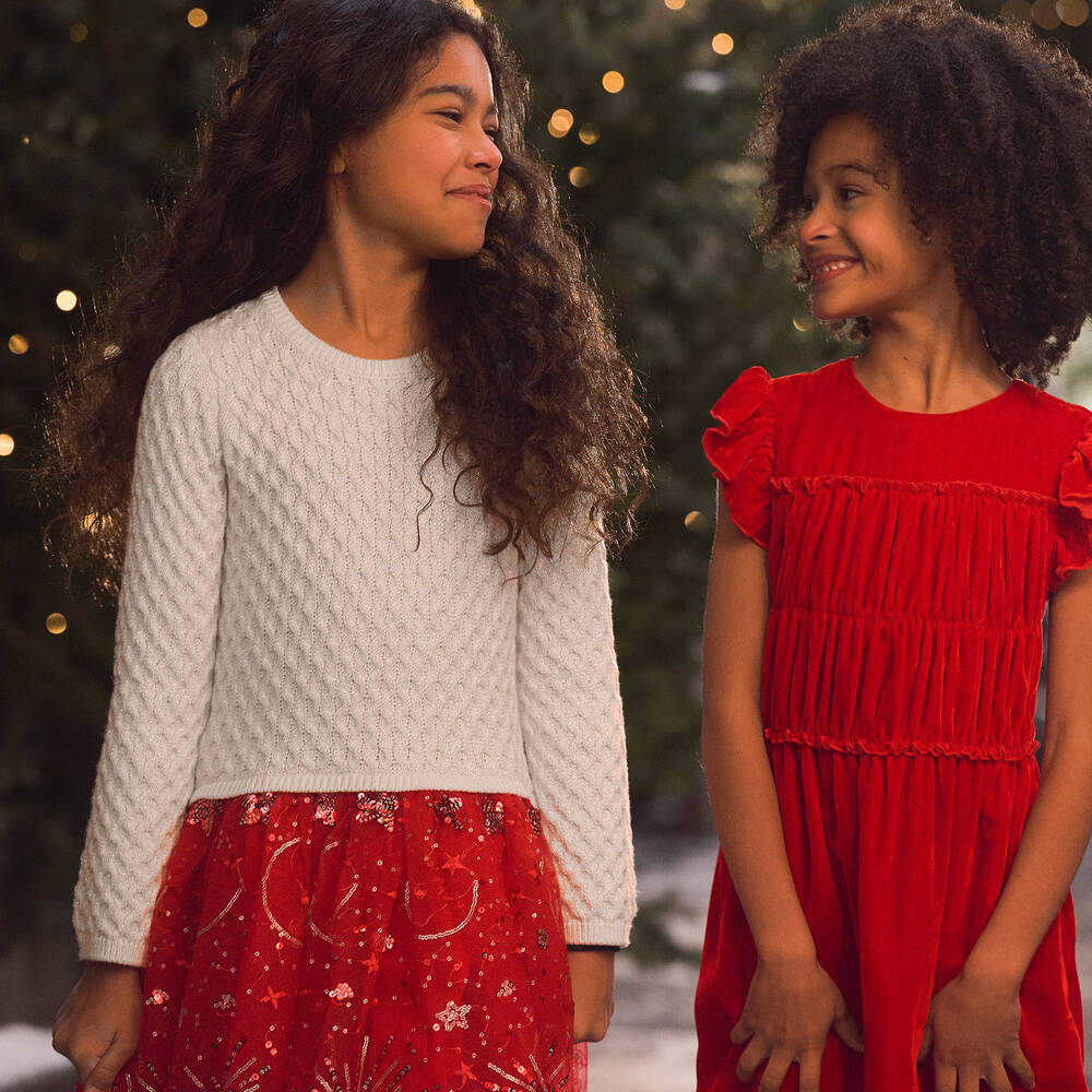 Hatley-فستان تول ومزيج قطن محبوك لون عاجي وأحمر | Childrensalon Outlet