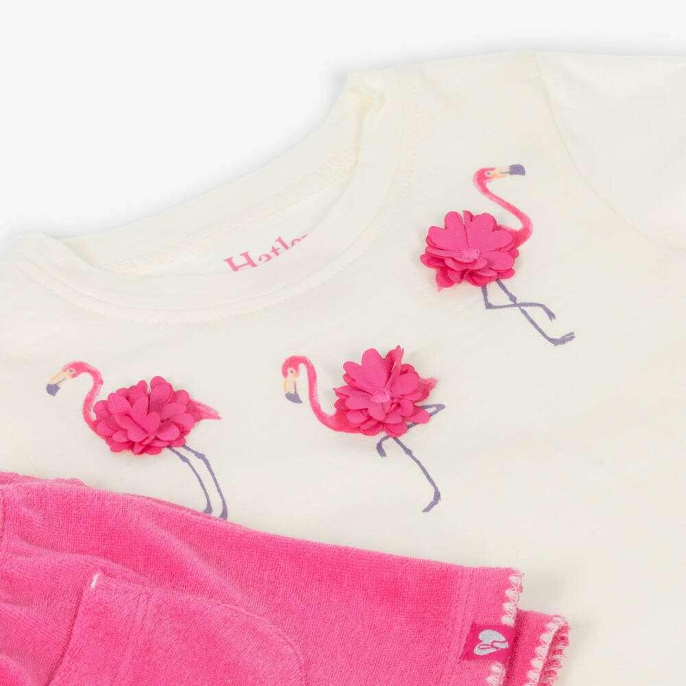 Hatley-Girls Ivory & Pink Flamingos Towelling Shorts Set | Childrensalon Outlet