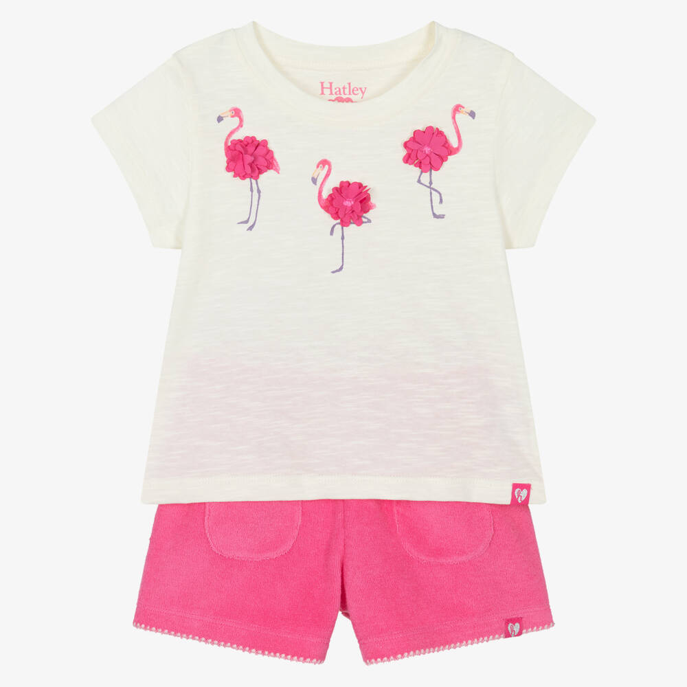 Hatley-Girls Ivory & Pink Flamingos Towelling Shorts Set | Childrensalon Outlet