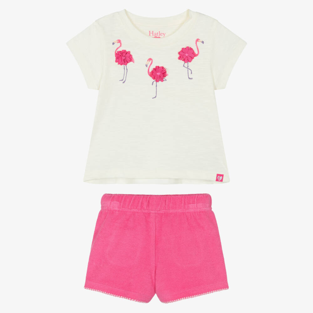 Hatley-Girls Ivory & Pink Flamingos Towelling Shorts Set | Childrensalon Outlet