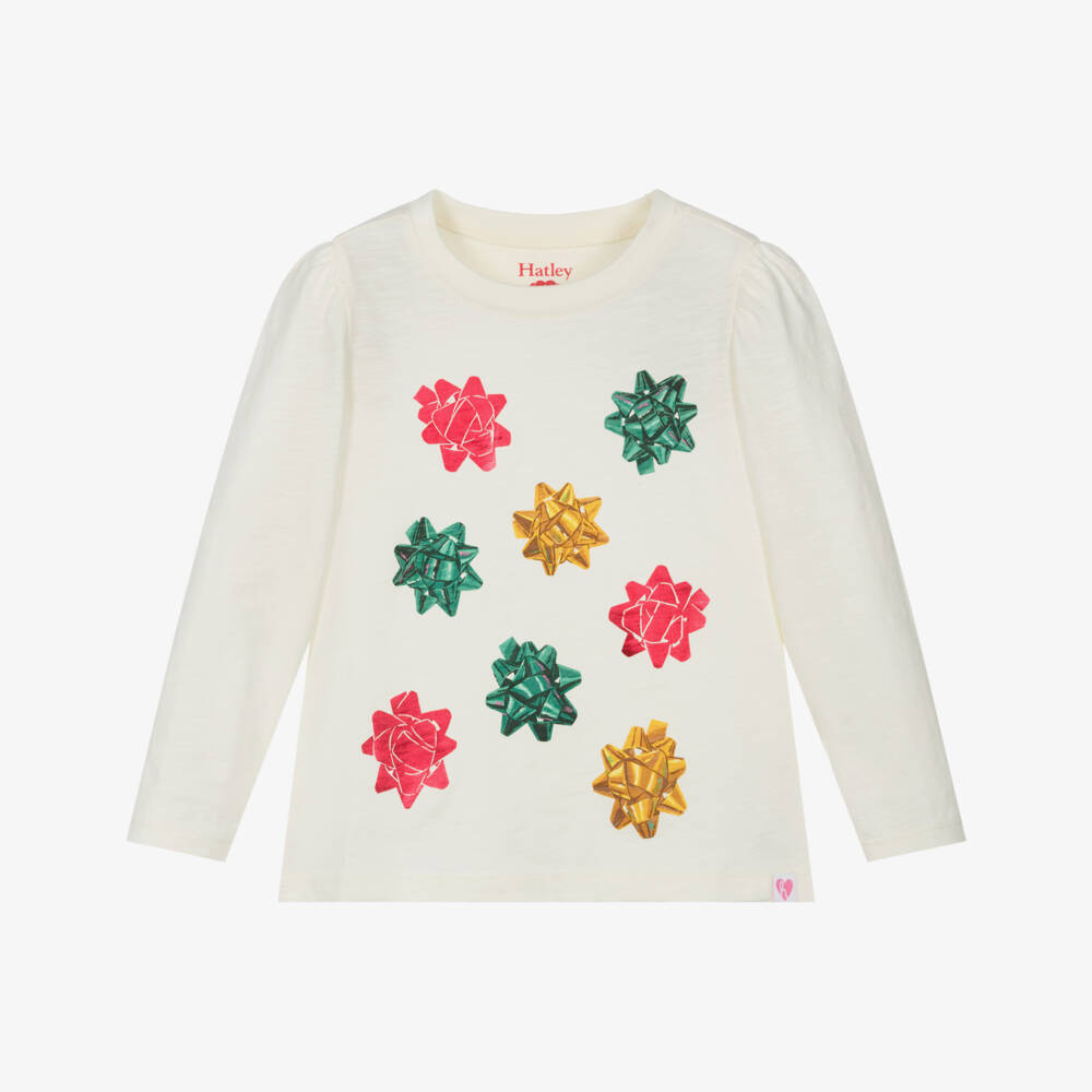 Hatley-Girls Ivory Rosette Bow Print Cotton Jersey Top | Childrensalon Outlet