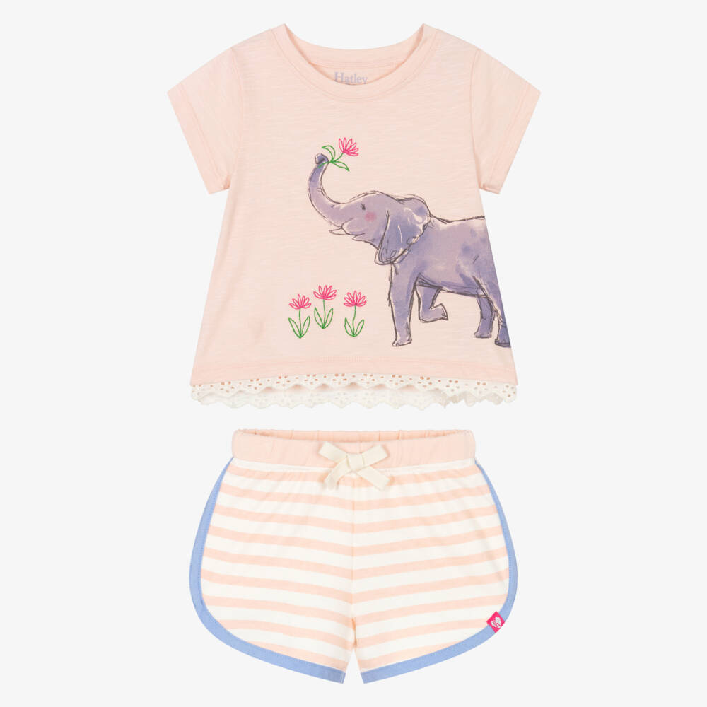 Hatley-Girls Pale Pink Cotton Elephant Shorts Set | Childrensalon Outlet