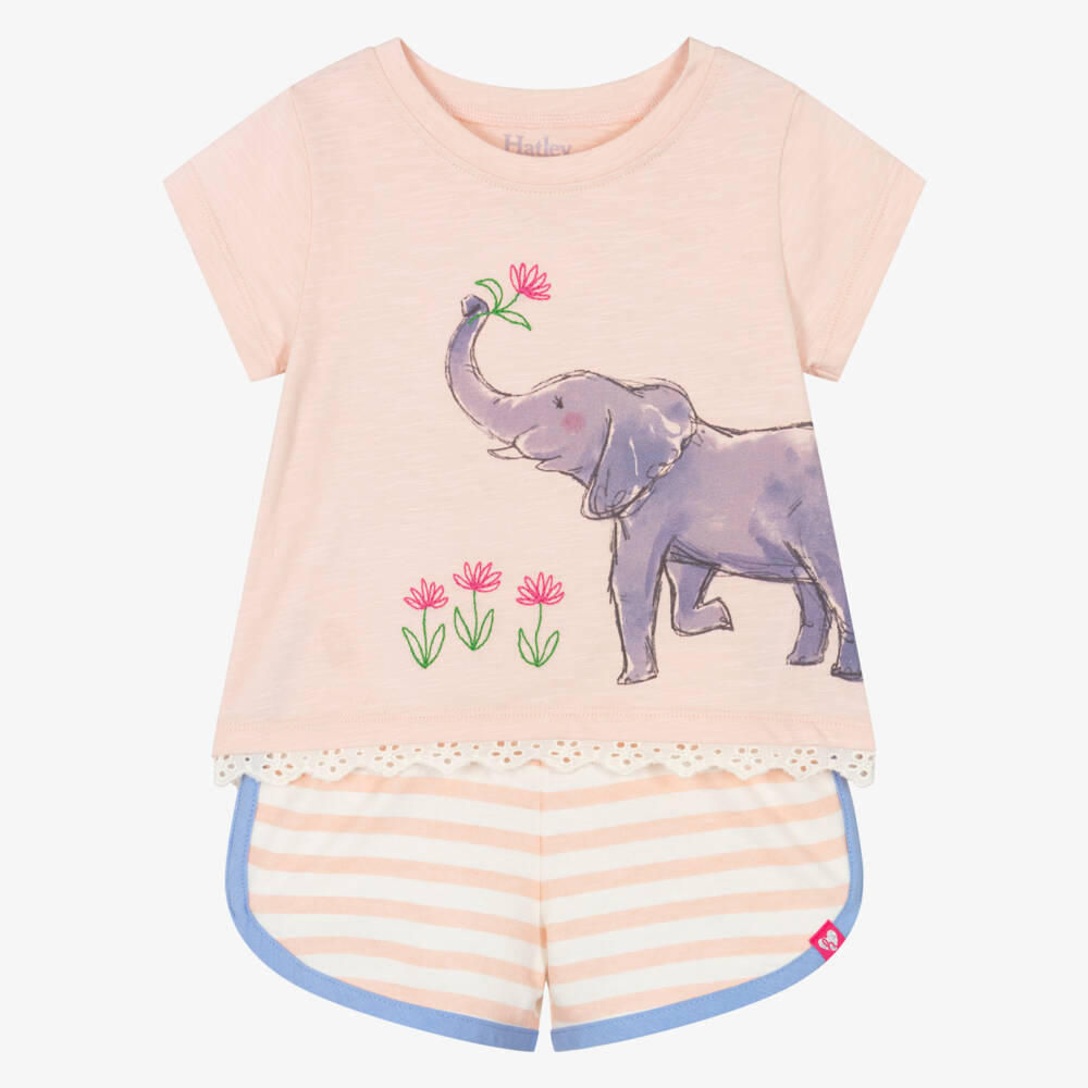 Hatley-Girls Pale Pink Cotton Elephant Shorts Set | Childrensalon Outlet