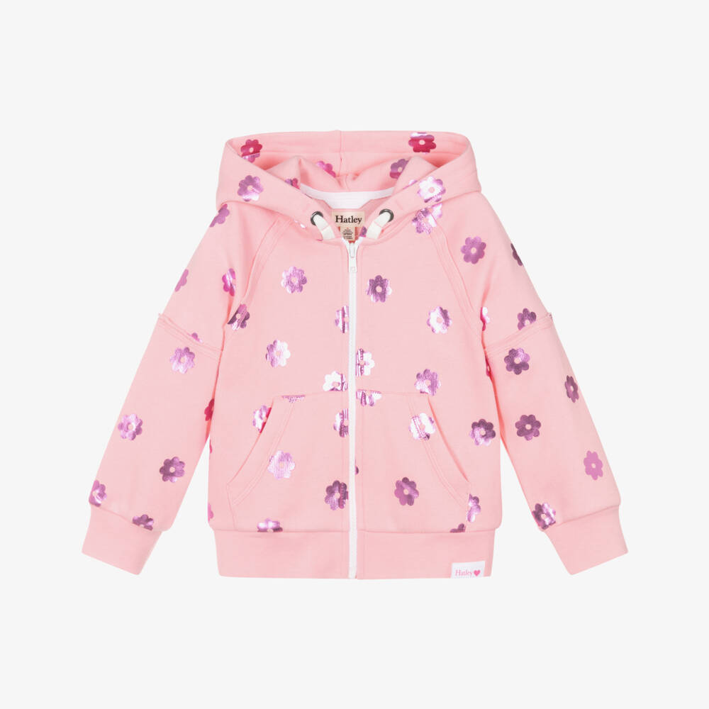 Hatley-Girls Pale Pink Hooded Zip-Up Top with Metallic Flowers | Childrensalon Outlet
