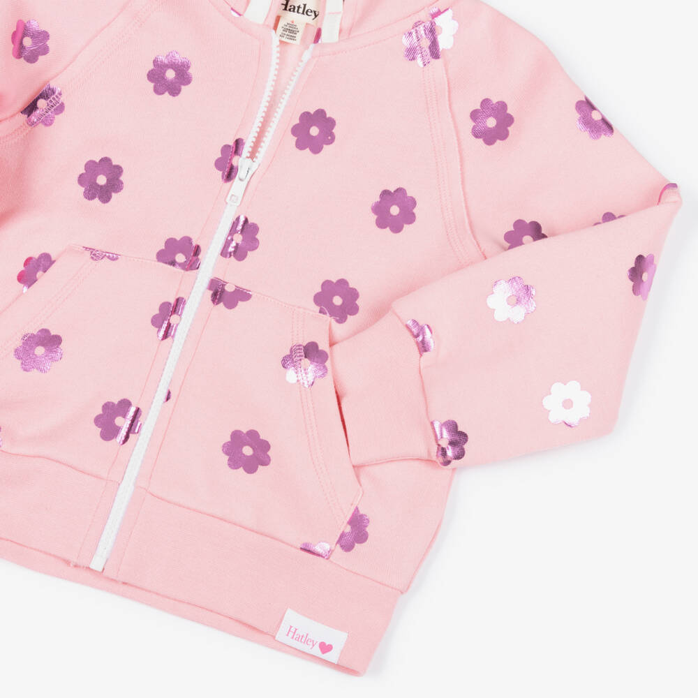 Hatley-Girls Pale Pink Hooded Zip-Up Top with Metallic Flowers | Childrensalon Outlet