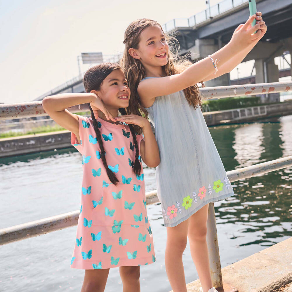 Hatley-Girls Pink Cotton Dress with Shiny Blue Butterfly Print | Childrensalon Outlet