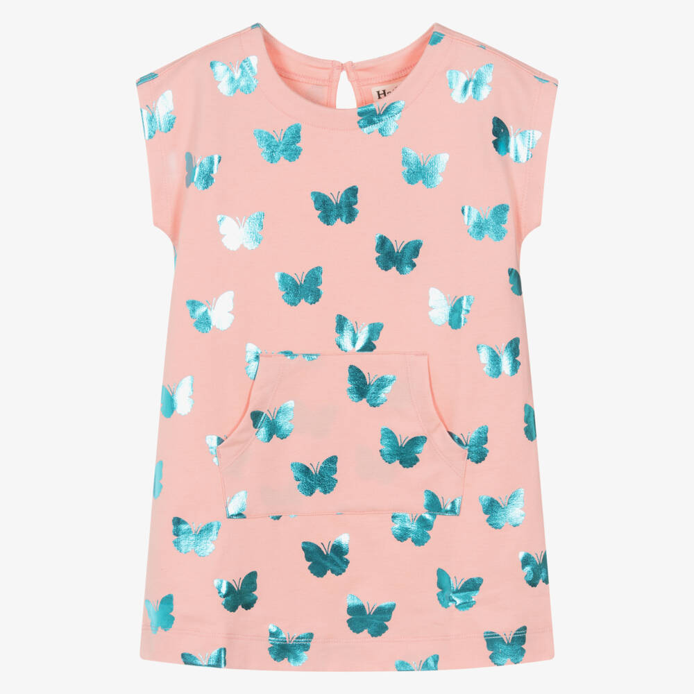 Hatley-Girls Pink Cotton Dress with Shiny Blue Butterfly Print | Childrensalon Outlet