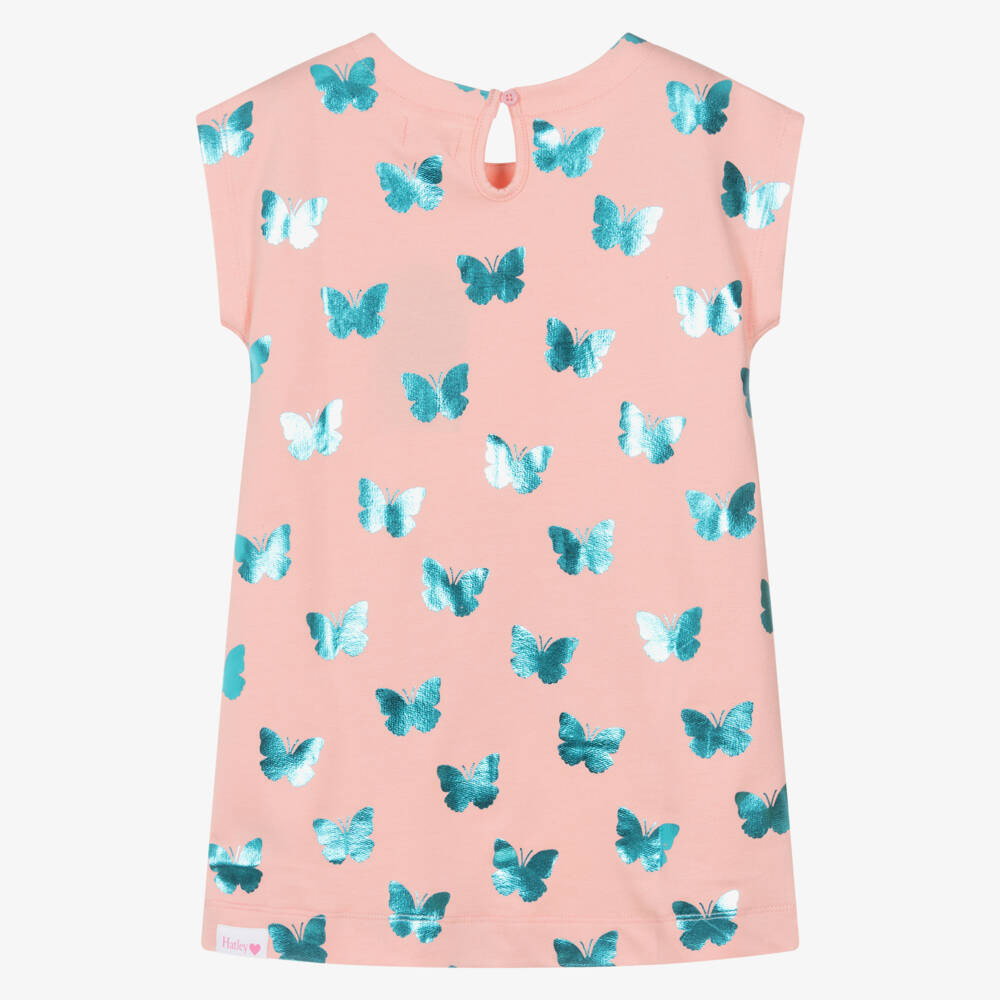 Hatley-Girls Pink Cotton Dress with Shiny Blue Butterfly Print | Childrensalon Outlet