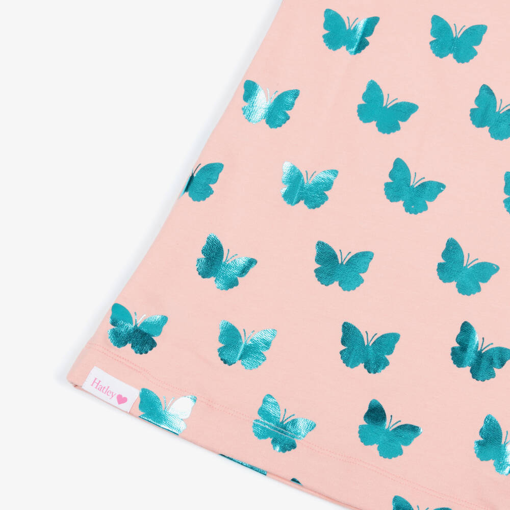 Hatley-Girls Pink Cotton Dress with Shiny Blue Butterfly Print | Childrensalon Outlet