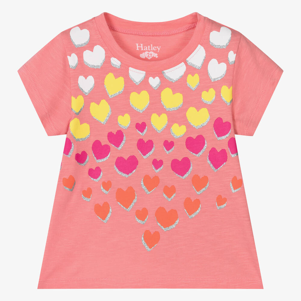 Hatley-تيشيرت بطبعة قلوب قطن لون زهري مرجاني للبنات | Childrensalon Outlet