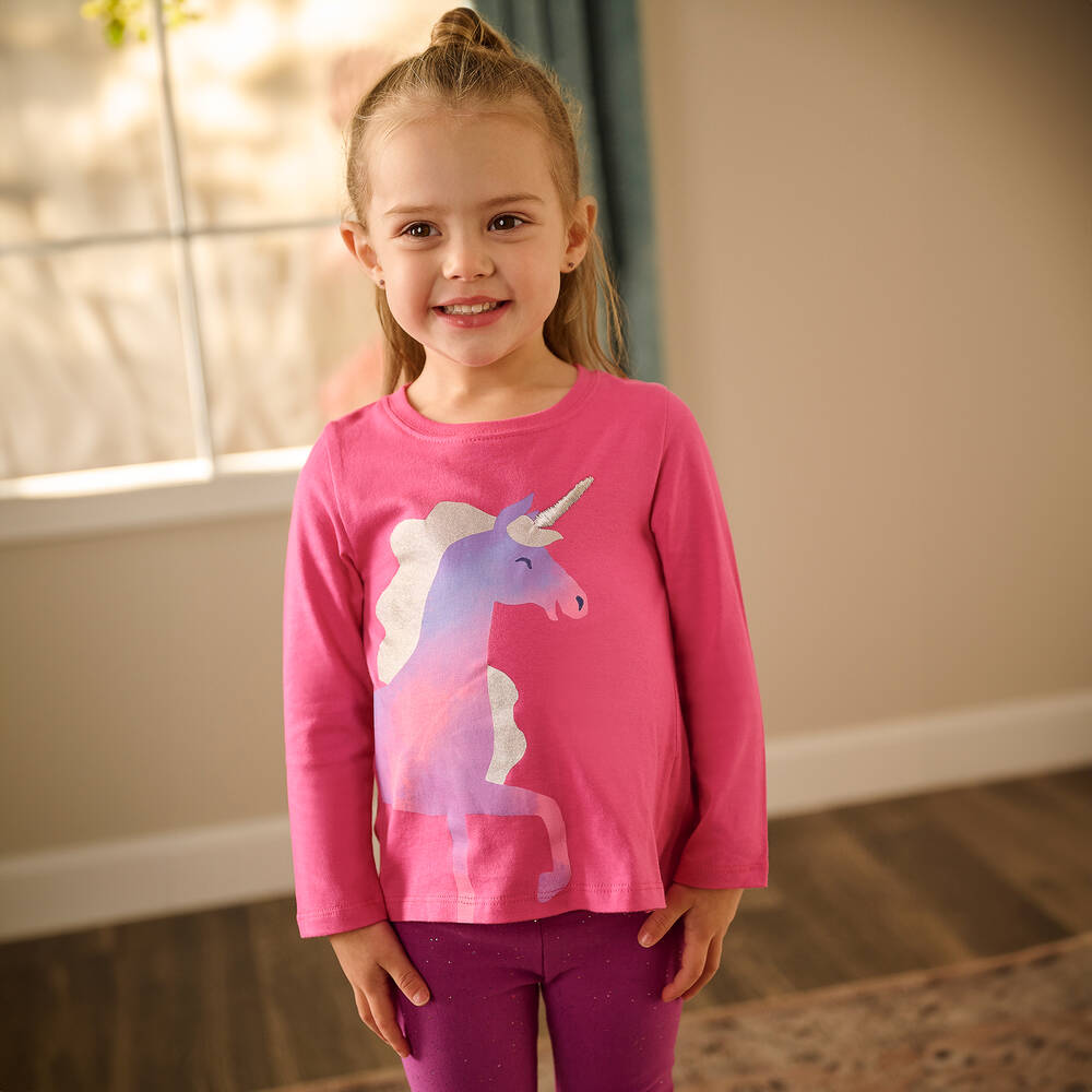 Hatley-توب قطن لون زهري فوشيا بطبعة يونيكورن | Childrensalon Outlet