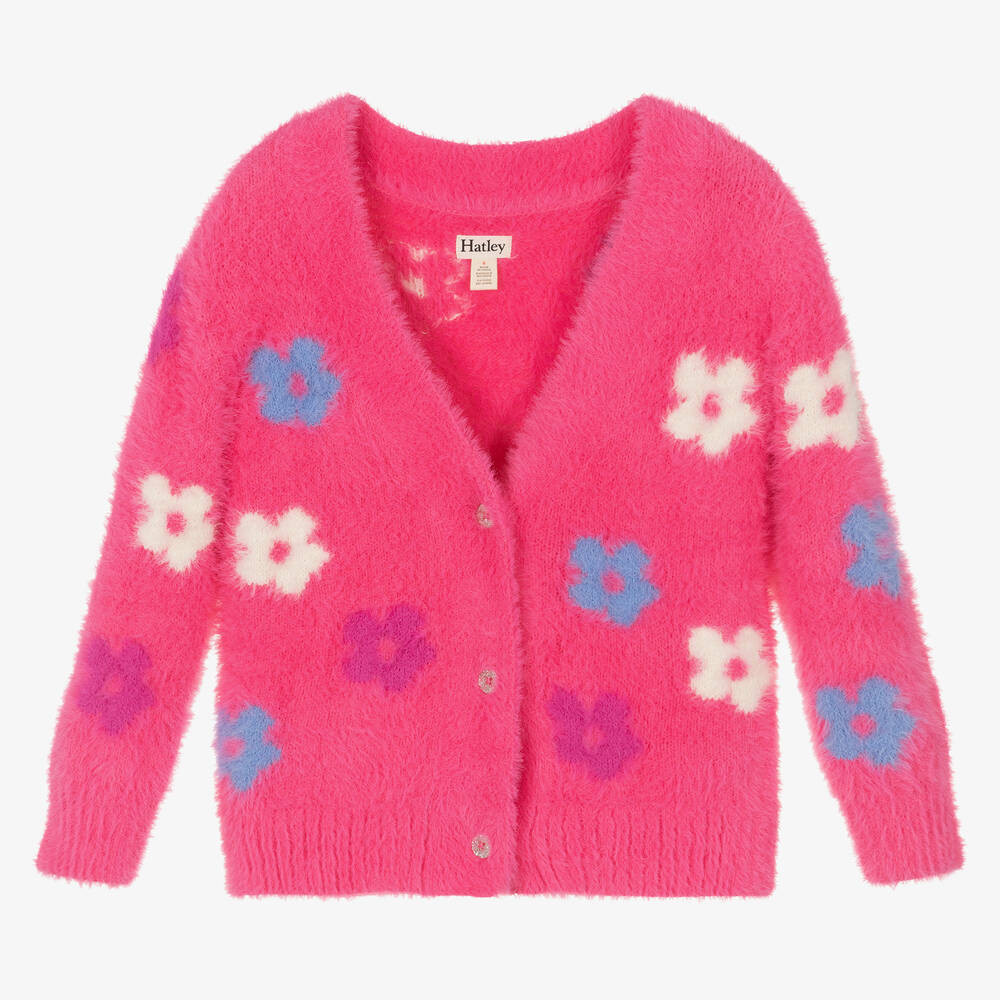 Hatley - Girls Pink Fluffy Floral Cardigan  | Childrensalon