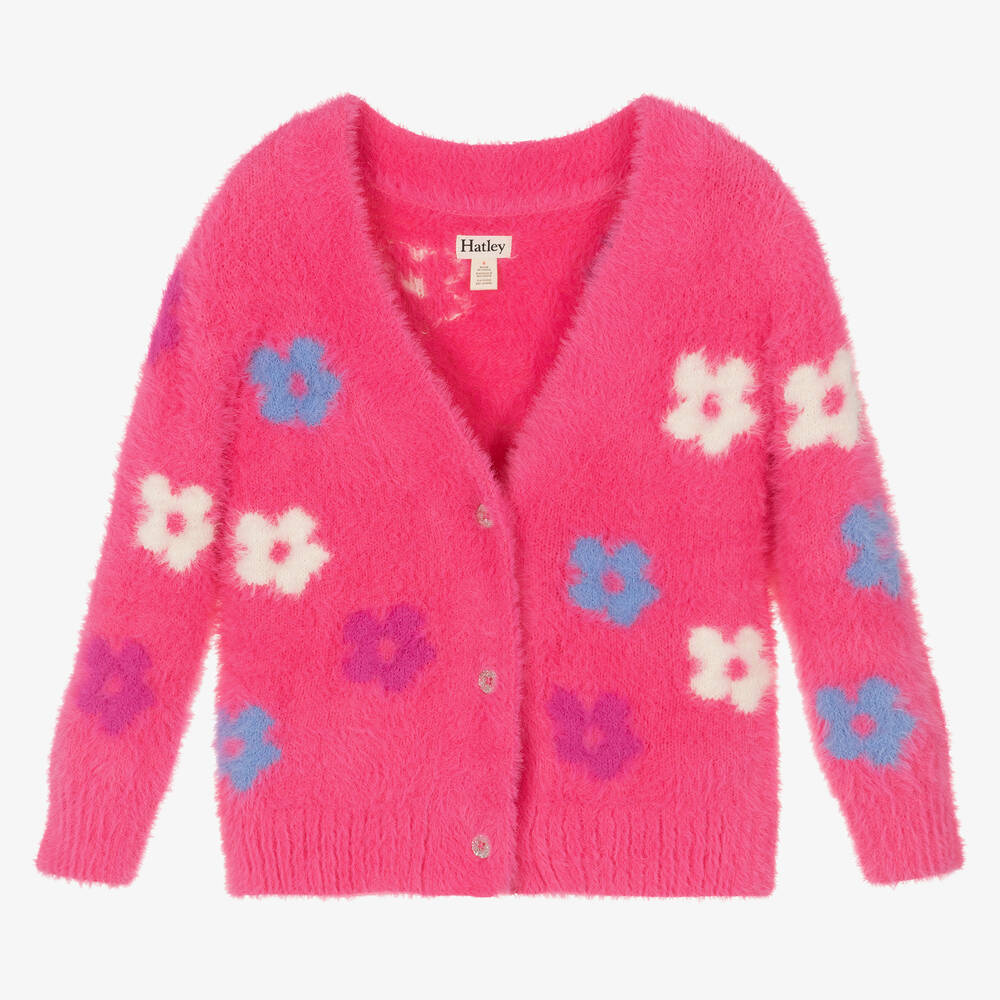 Hatley - Rosa flauschige Blumen-Strickjacke  | Childrensalon