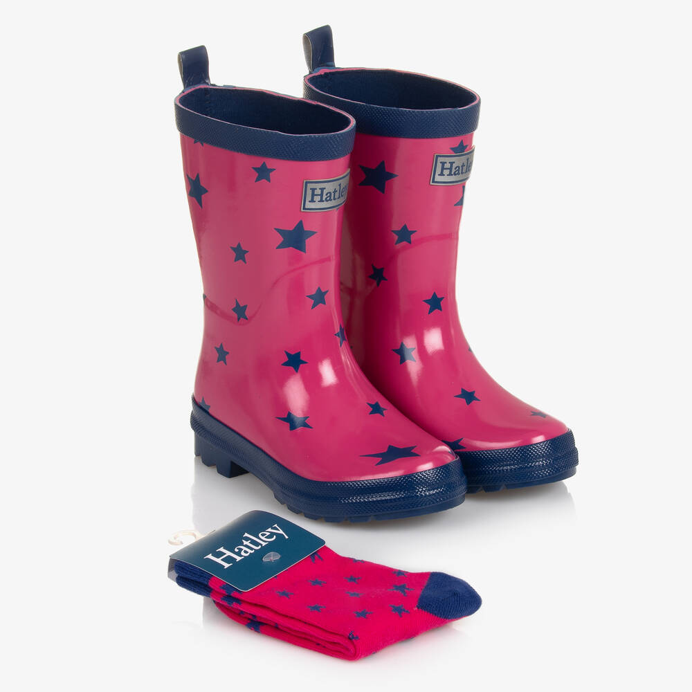 Hatley - Girls Pink Glitter Stars Rain Boots & Socks | Childrensalon