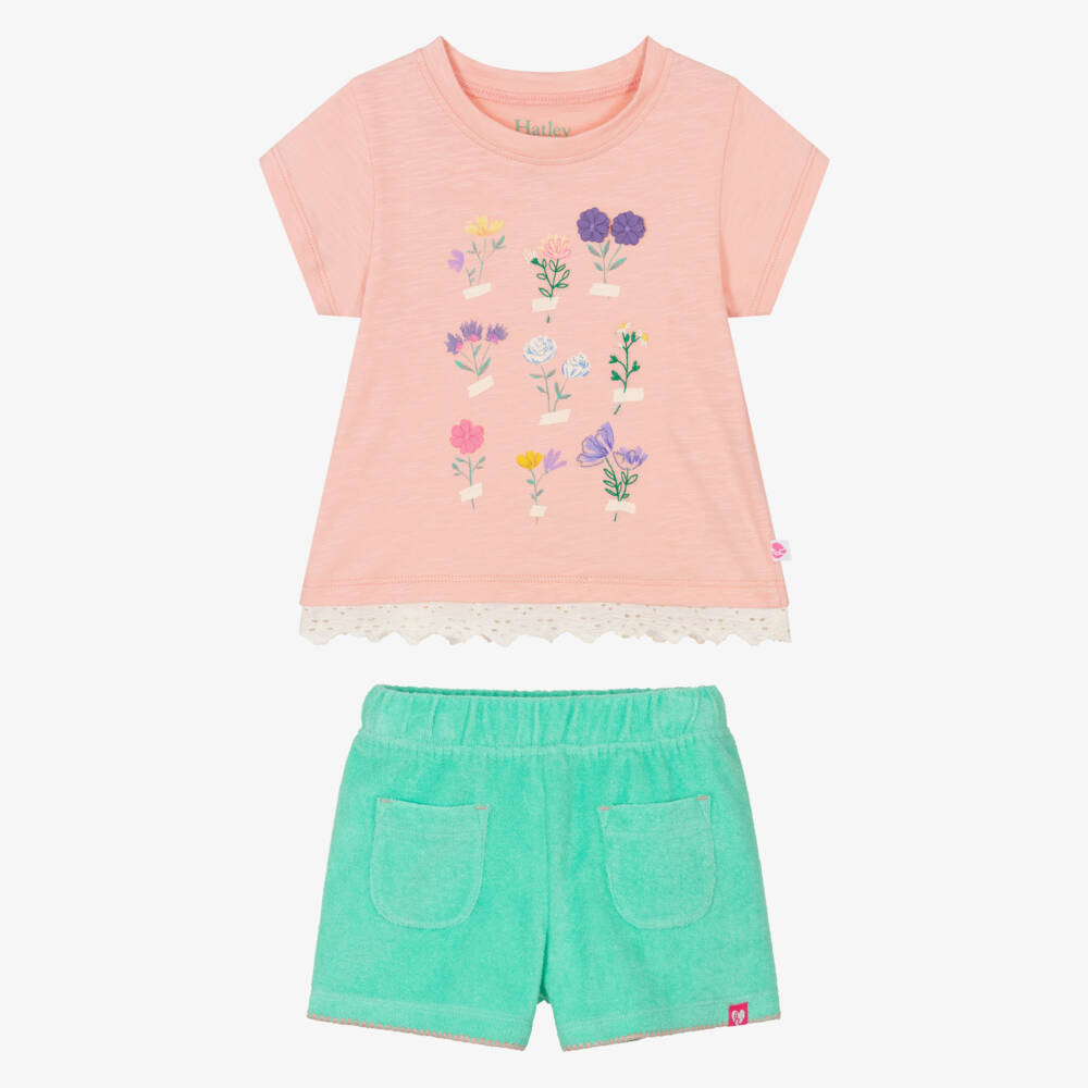 Hatley-Girls Pink Jersey Top & Green Towelling Shorts Set | Childrensalon Outlet