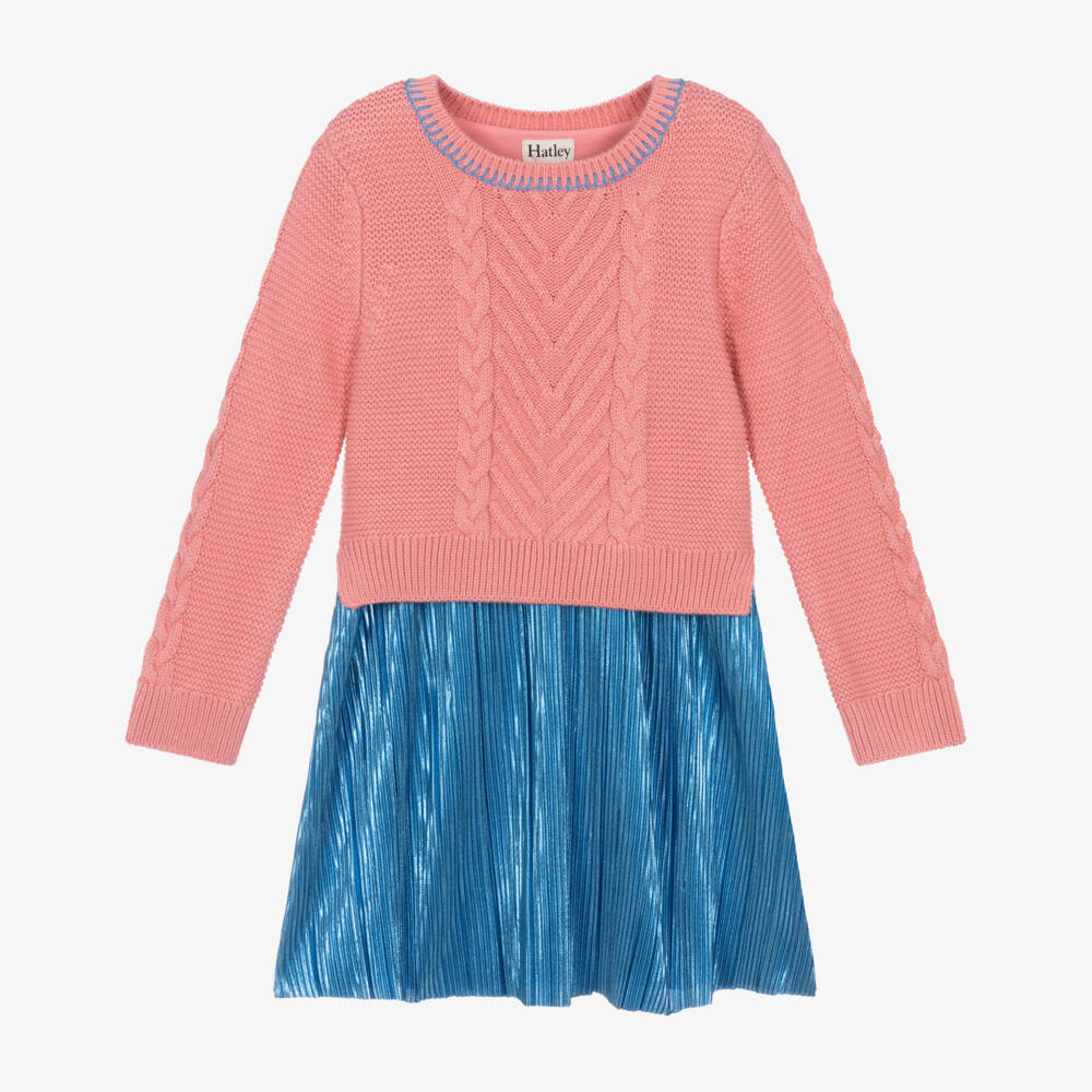 Hatley-فستان وردي محبوك بأطراف زرقاء للبنات | Childrensalon Outlet