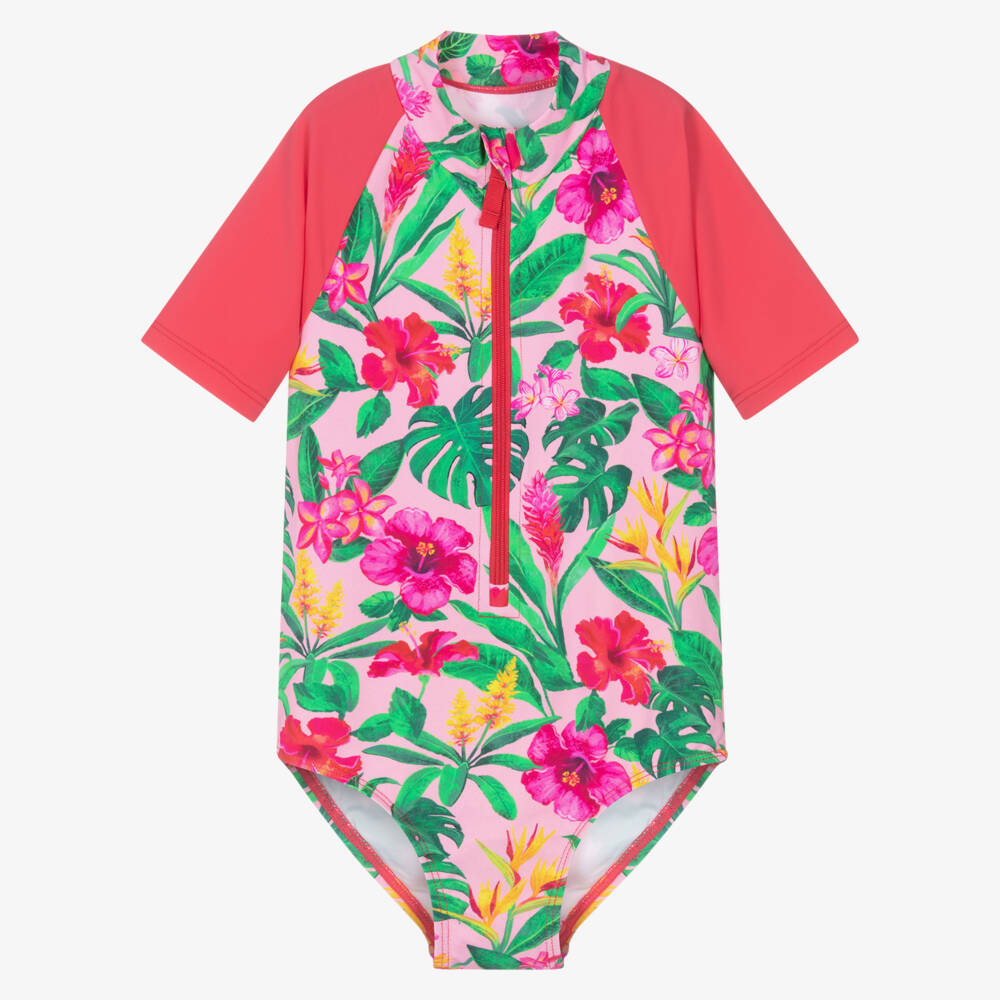 Hatley-Girls Pink Tropical Flowers Swimsuit with Short Sleeves (UPF50+) | Childrensalon Outlet