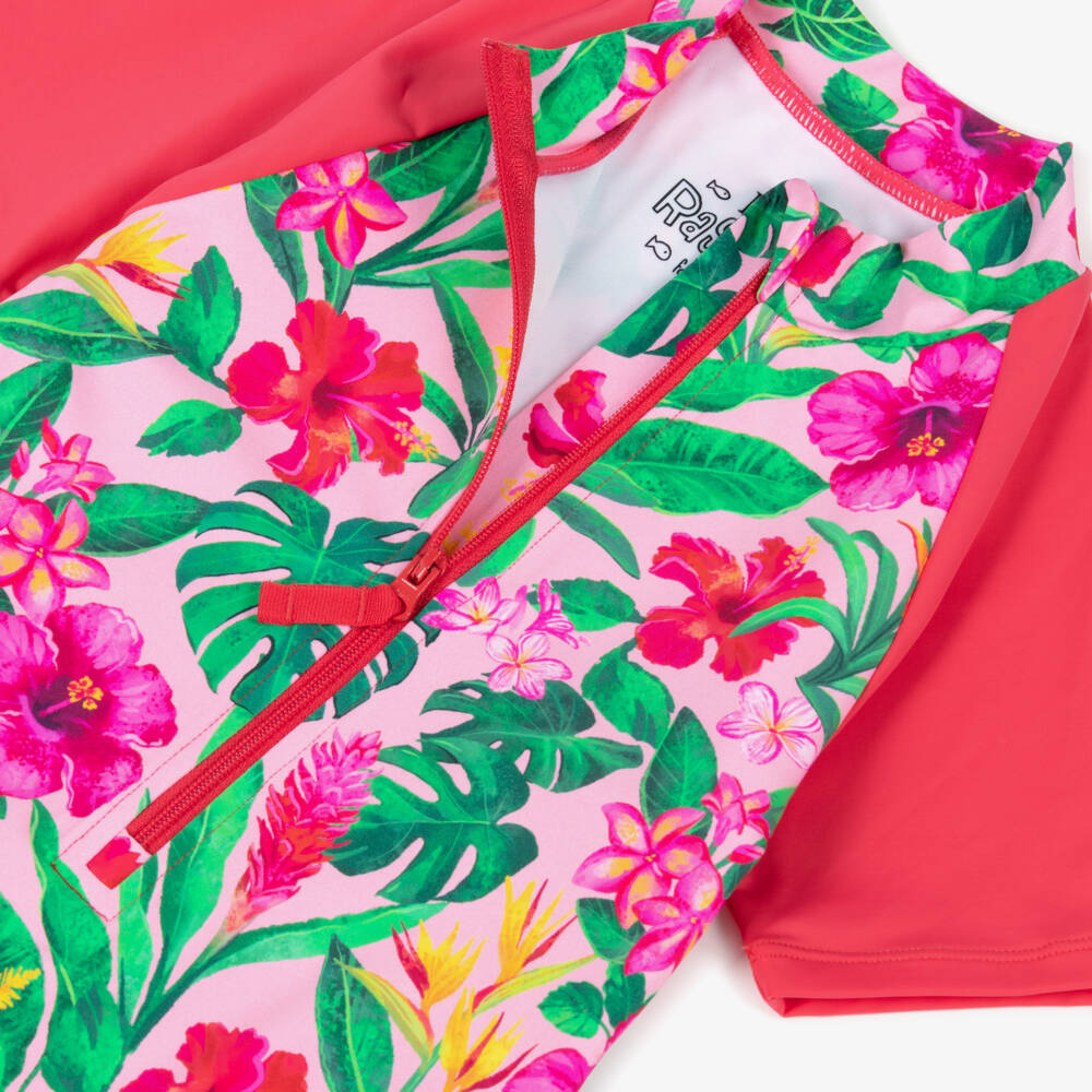 Hatley-Girls Pink Tropical Flowers Swimsuit with Short Sleeves (UPF50+) | Childrensalon Outlet