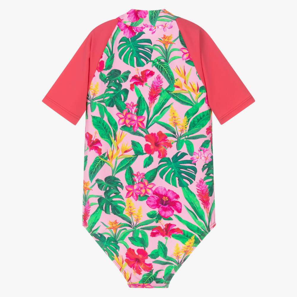 Hatley-Girls Pink Tropical Flowers Swimsuit with Short Sleeves (UPF50+) | Childrensalon Outlet