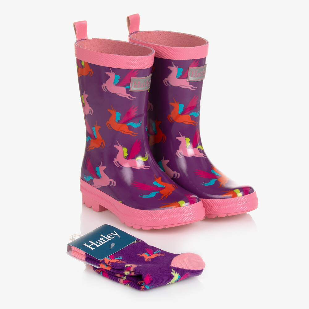 Hatley - Girls Purple Pretty Pegasus Rain Boots & Socks | Childrensalon