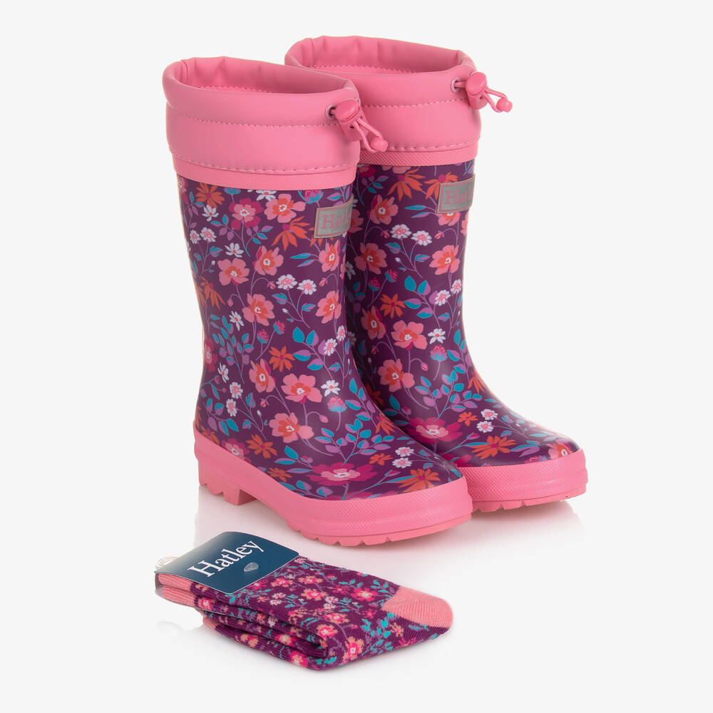 Hatley - Girls Purple Wild Flowers Rain Boots & Socks | Childrensalon