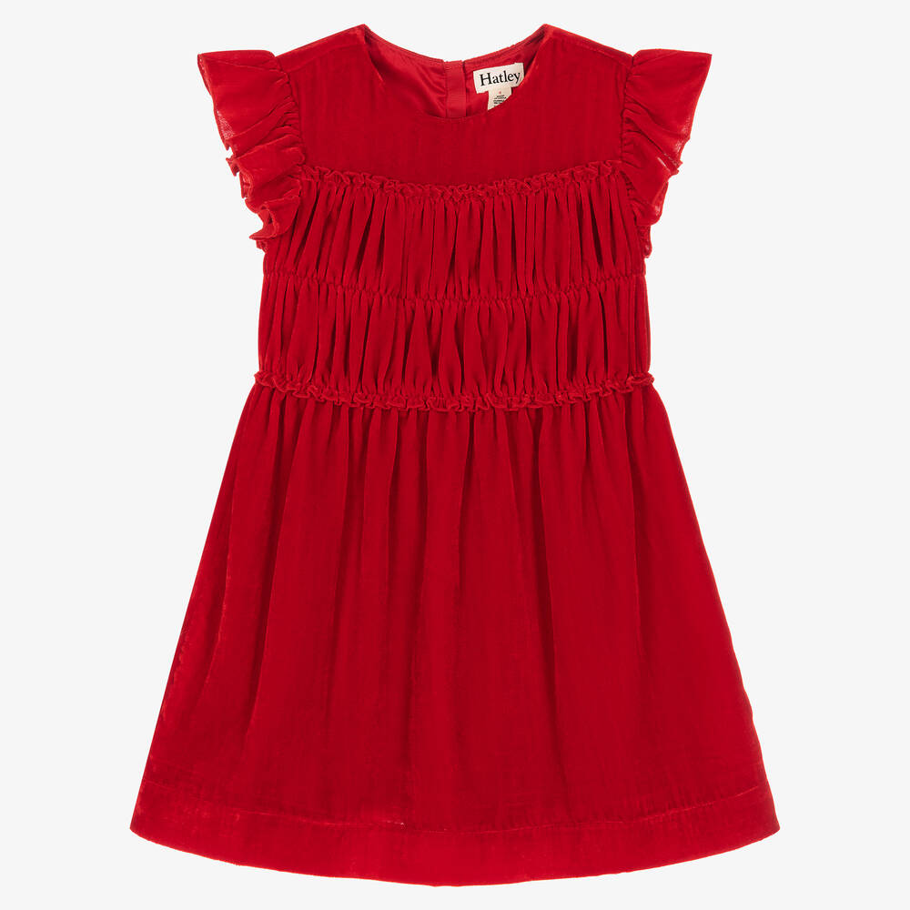 Hatley - Girls Red Gathered Velvet Dress | Childrensalon
