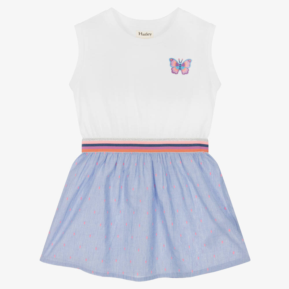 Hatley - Girls White & Blue Cotton Dress | Childrensalon
