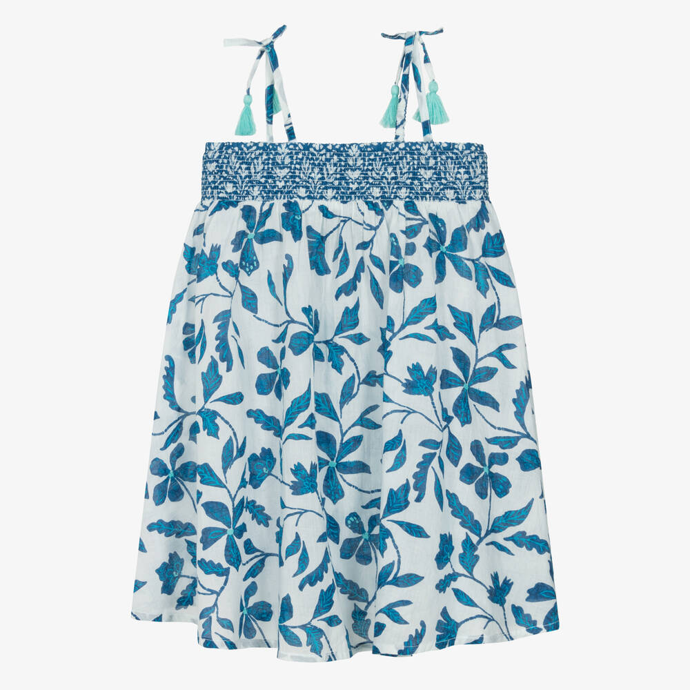 Hatley-فستان شاطئ قطن لون أبيض وأزرق أكوا بطبعة ورود | Childrensalon Outlet