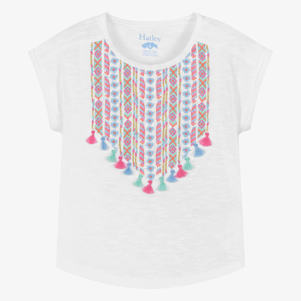 Hatley-Girls White Embroidered Cotton T-Shirt | Childrensalon Outlet