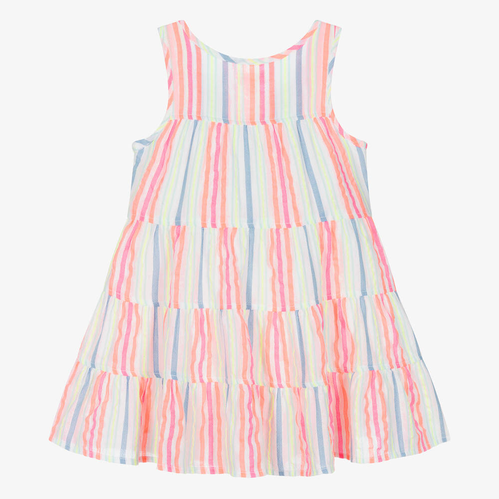 Hatley-فستان مزيج قطن مقلم لون أبيض وزهري نيون | Childrensalon Outlet