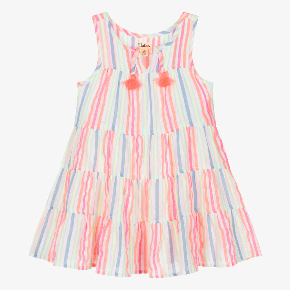 Hatley-Girls White & Neon Pink Cotton Tassel Dress | Childrensalon Outlet