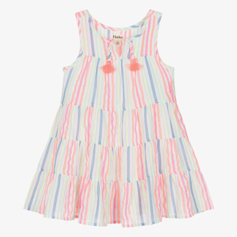 Hatley-فستان مزيج قطن مقلم لون أبيض وزهري نيون | Childrensalon Outlet