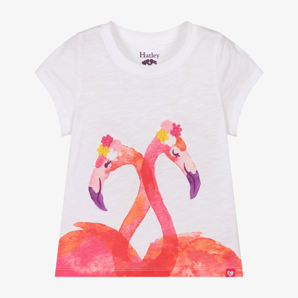 Hatley-Girls White & Pink Flamingo Cotton T-Shirt | Childrensalon Outlet