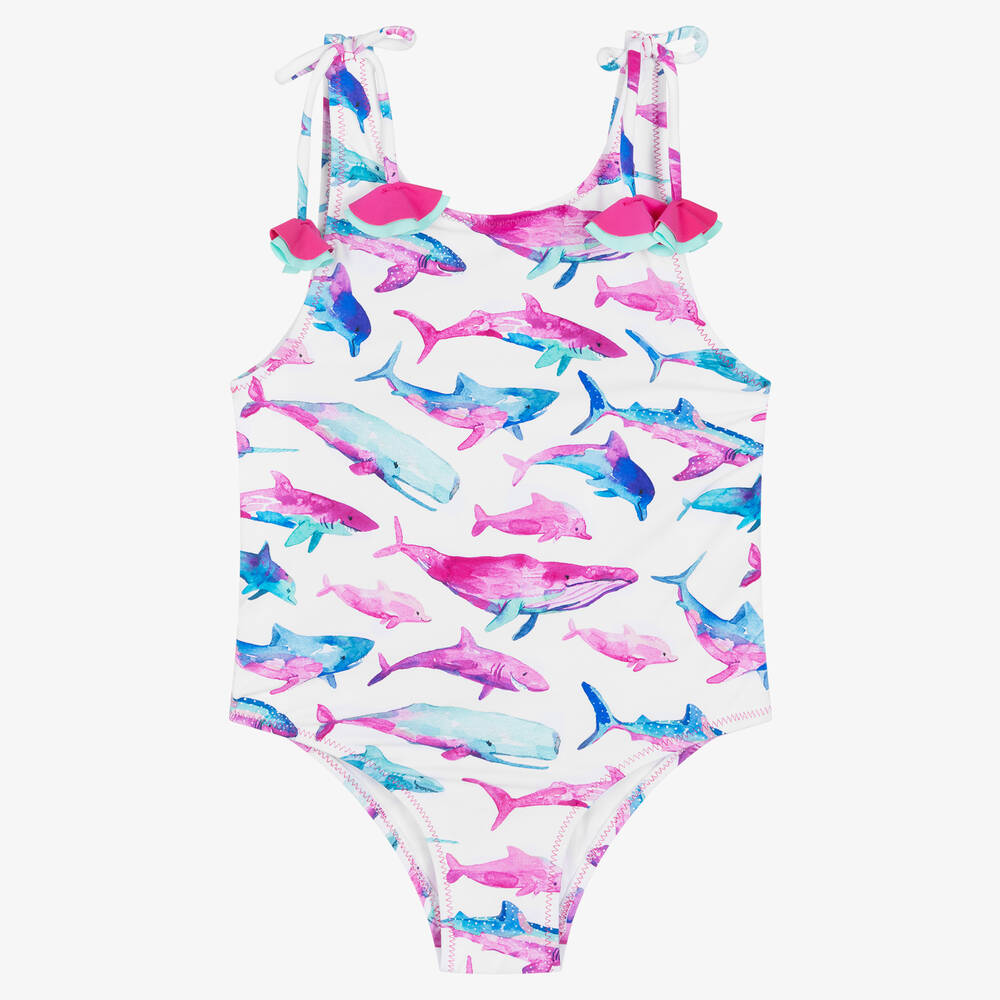 Hatley - Girls White Sea Life Swimsuit (UPF50+) | Childrensalon