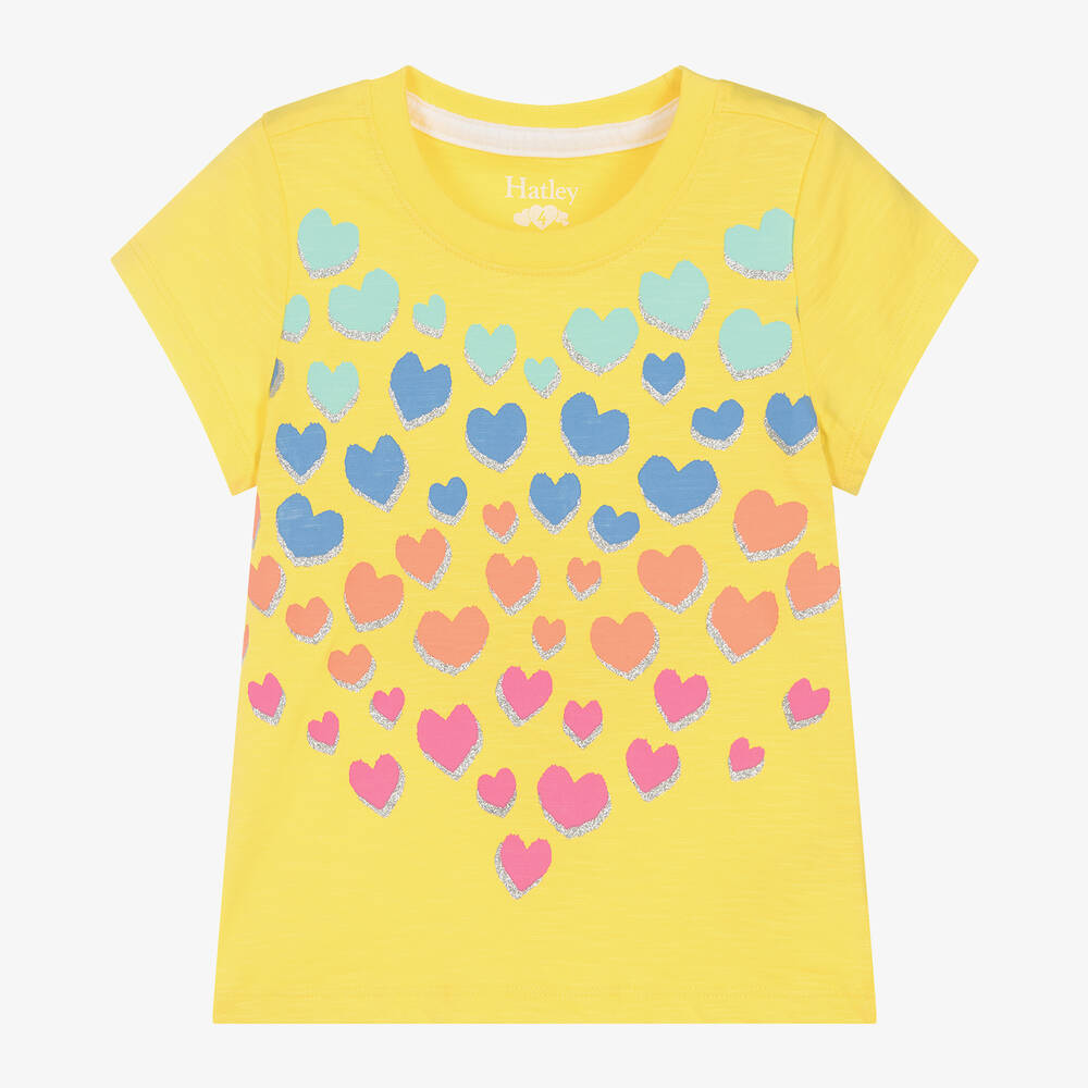 Hatley-Girls Yellow Cotton Hearts T-Shirt | Childrensalon Outlet
