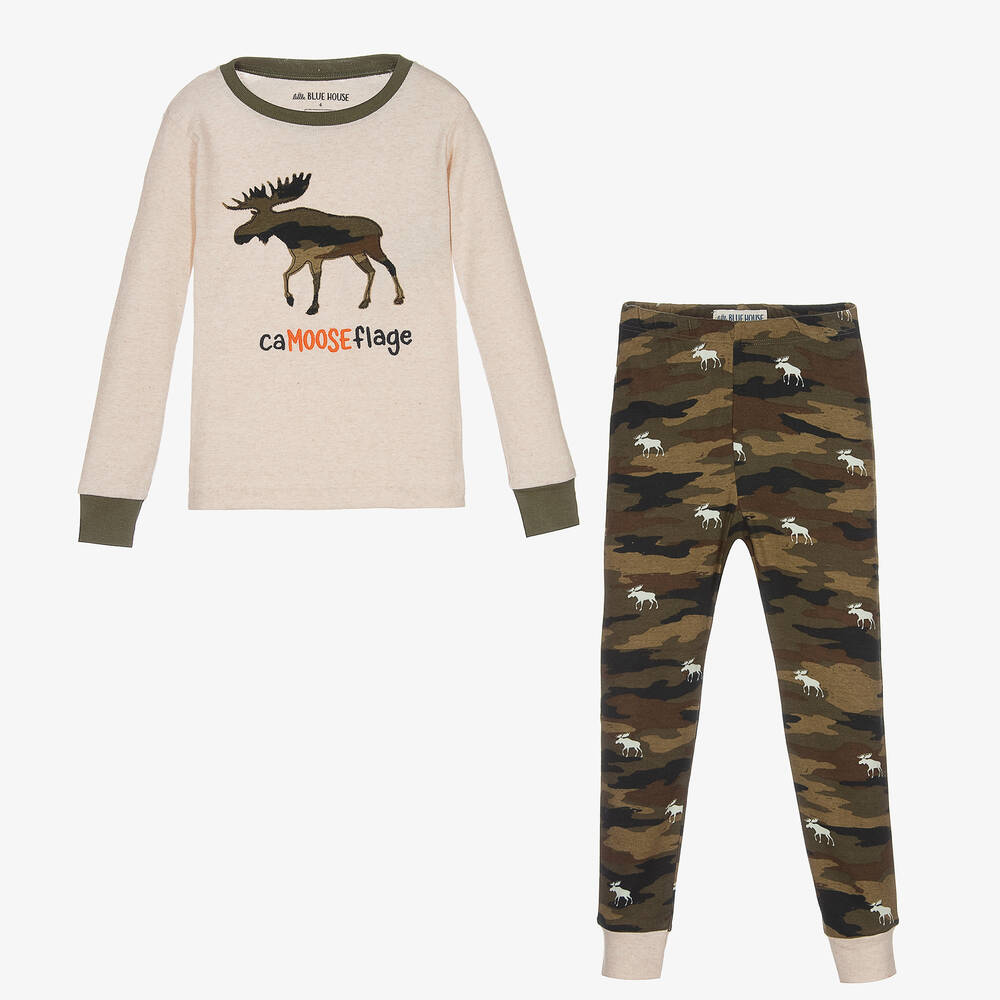 Маленький голубой домик от Hatley-Кремово-зеленая пижама с принтом лося | Childrensalon Outlet